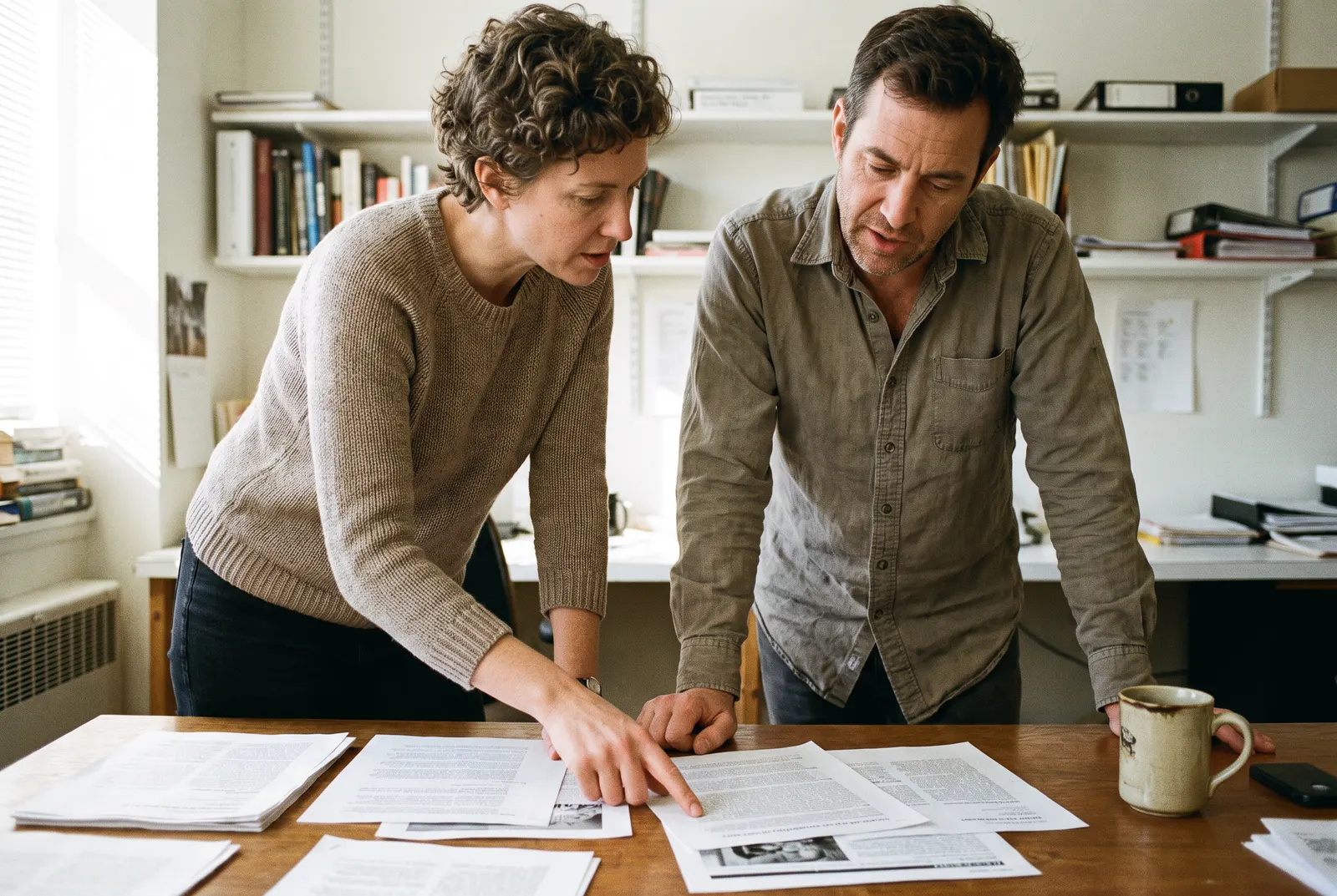 Two editors in a bright office point at printed pages on a table while reviewing accounting program research