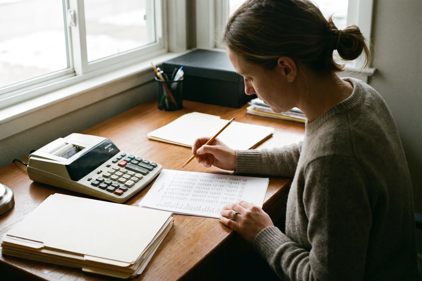Woman running a pencil down a column of figures beside a calculator, checking an accountant salary
