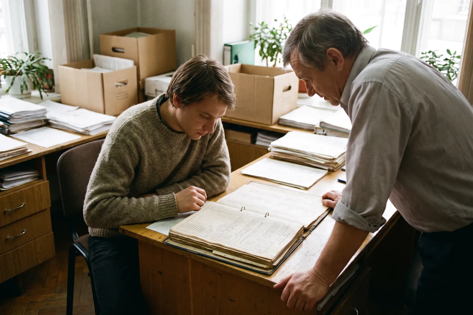 New graduate and an older colleague reading a ledger binder together, learning how to become an accountant