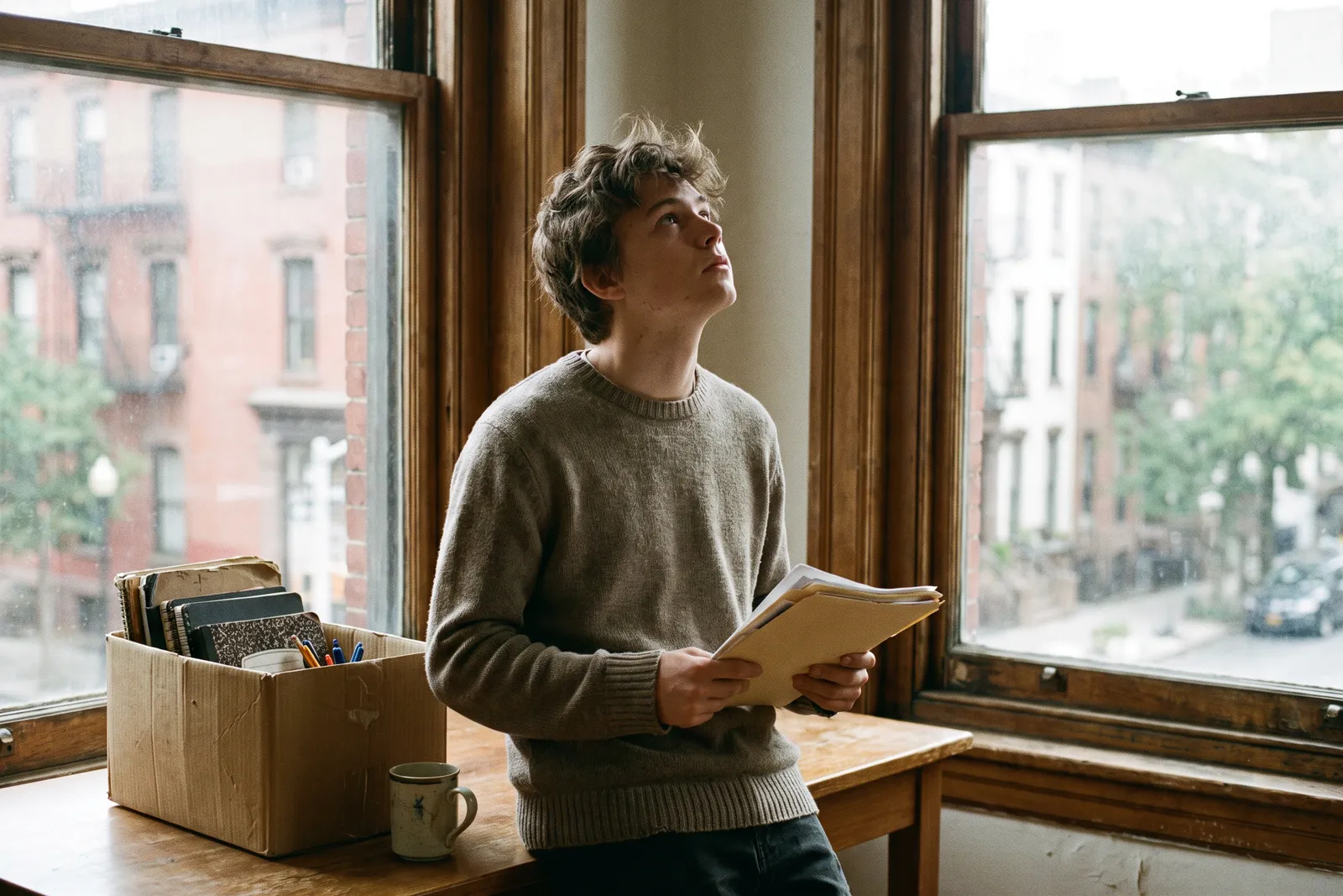 Graduate by a window holding a folder beside a box of desk items, weighing accounting degree jobs