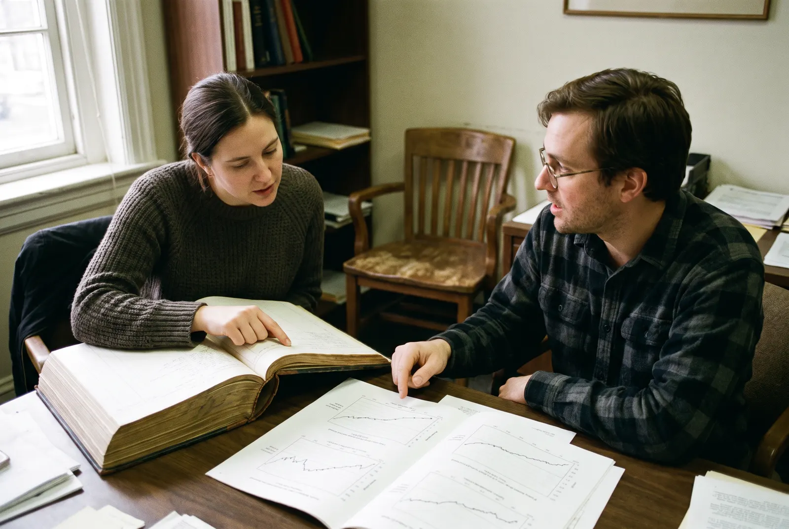 Two colleagues comparing ledger books with printed line graphs, weighing an accounting vs finance degree