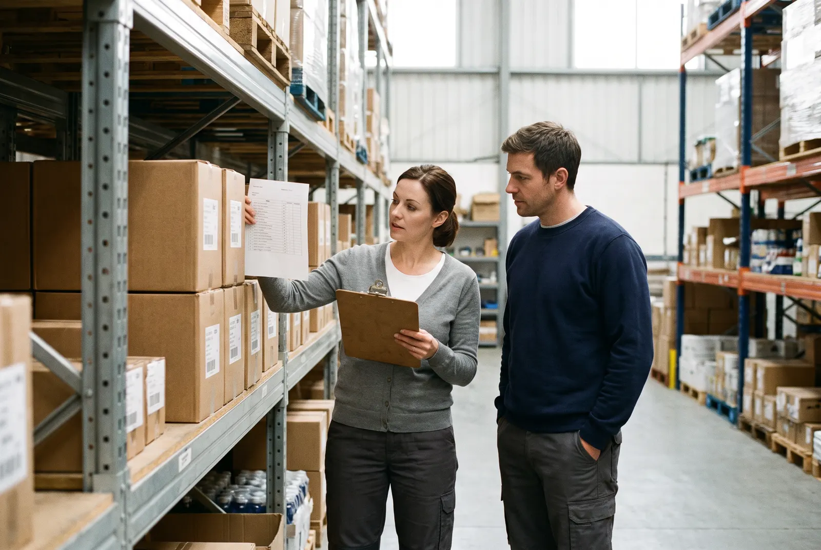 Two colleagues checking warehouse stock against a paper checklist during audit fieldwork, part of an auditor salary guide