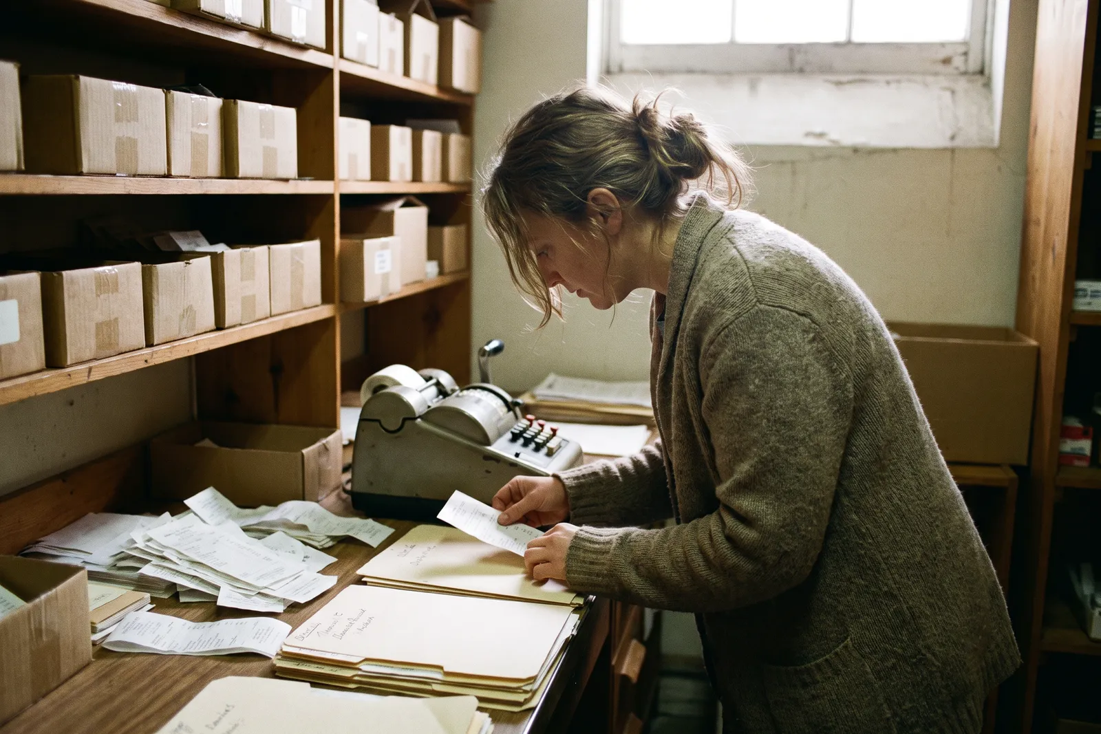 Woman sorting paper receipts into folders beside an adding machine, tracking a bookkeeper salary