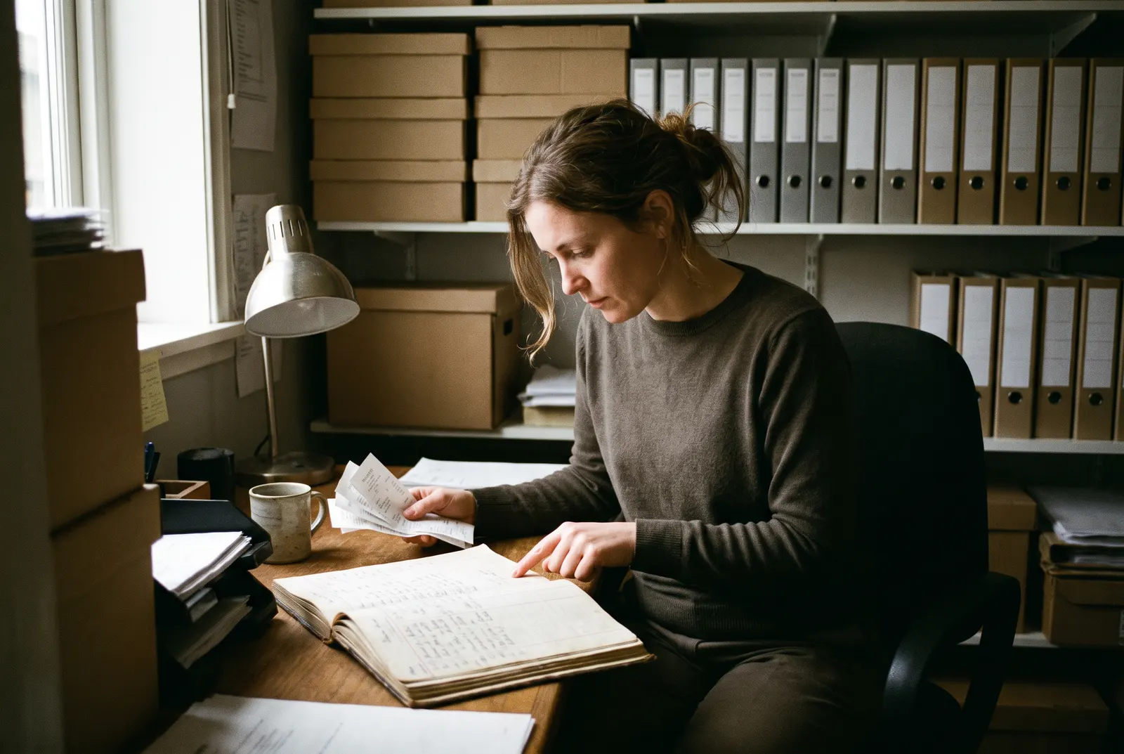 Woman checking paper receipts against an open ledger book at a desk, showing how to become a bookkeeper
