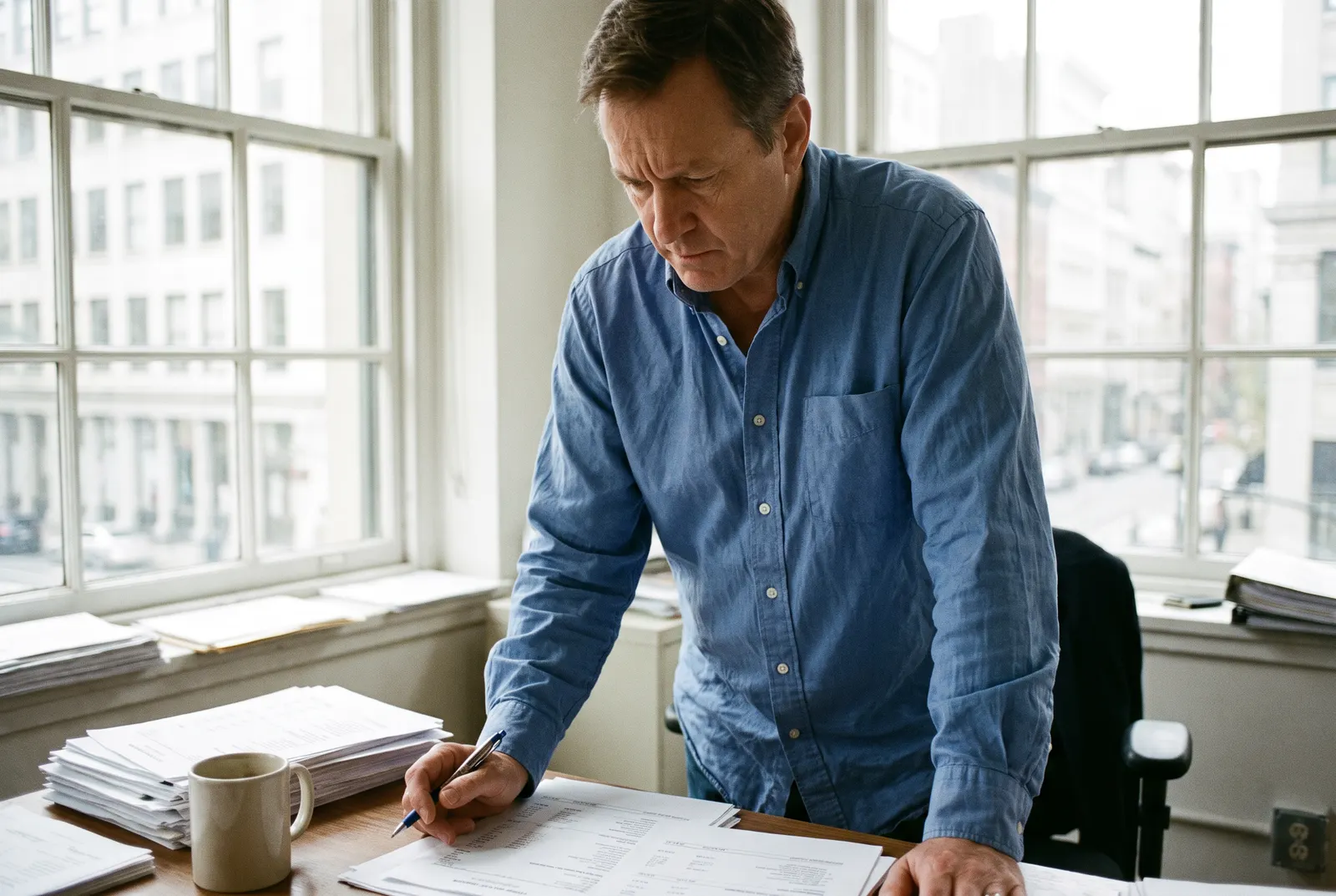 Accountant in a blue shirt reviewing printed financial statements at a bright office desk by large windows