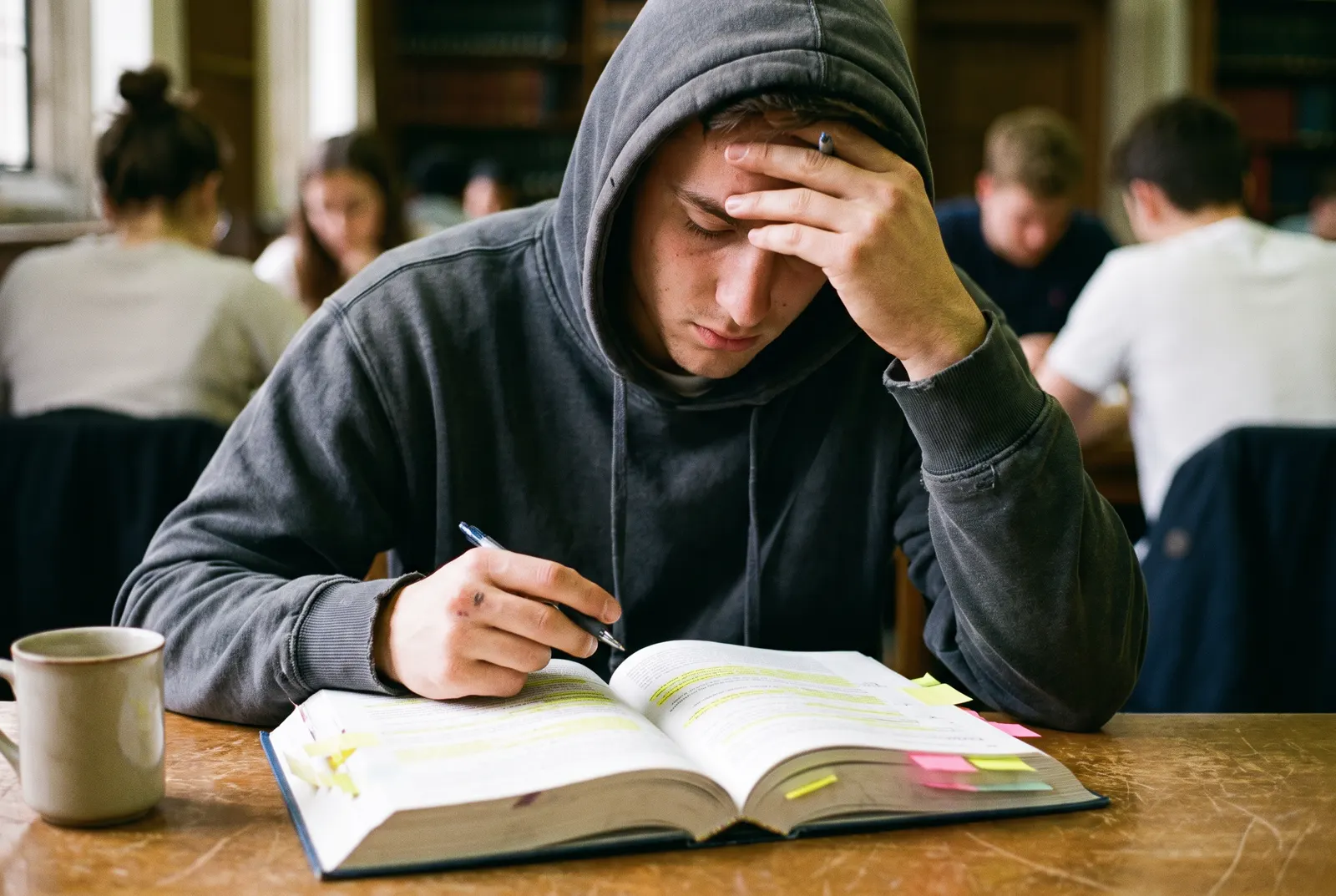 Student with a hand on his forehead studying a highlighted exam prep textbook in a library for CPA certification