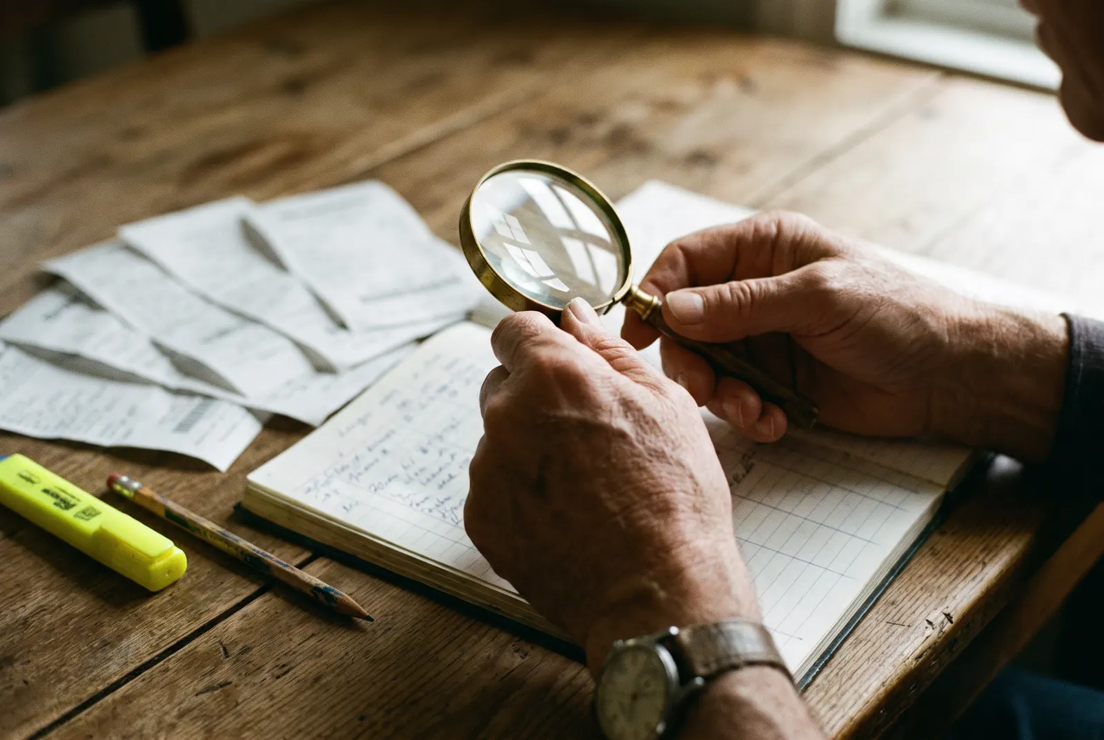 Investigator holding a magnifying glass over receipts and a ledger, the daily work of a certified fraud examiner