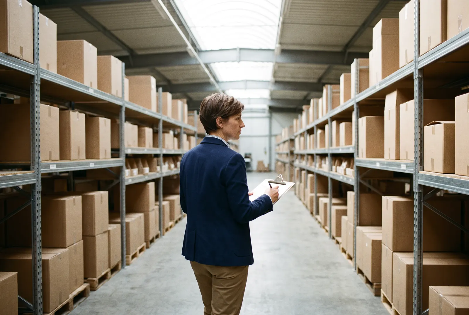 Internal auditor with a clipboard walking a warehouse aisle, the fieldwork behind the CIA certification