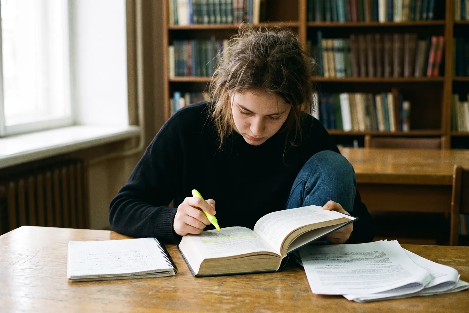 Young woman highlighting a thick textbook at a library table, studying how to become a CPA