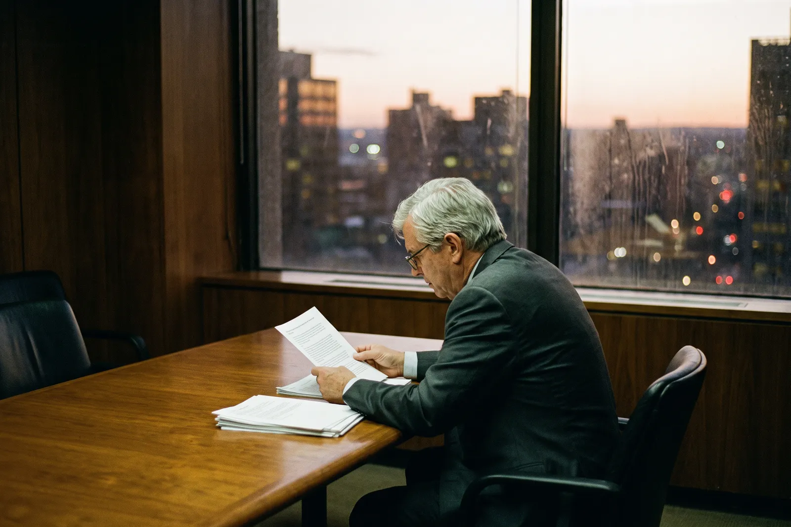 Senior executive reading a printed financial statement alone in a boardroom, considering a CFO salary
