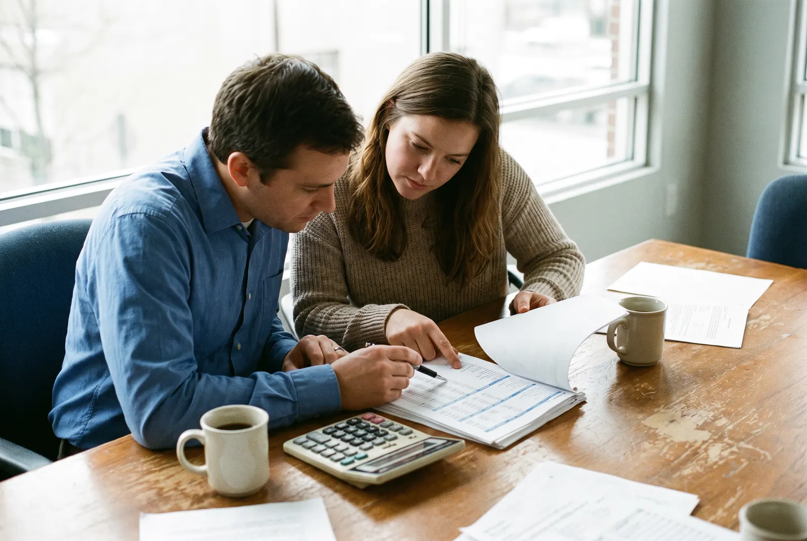 Two colleagues reviewing printed budget pages with a calculator, working toward the CMA certification