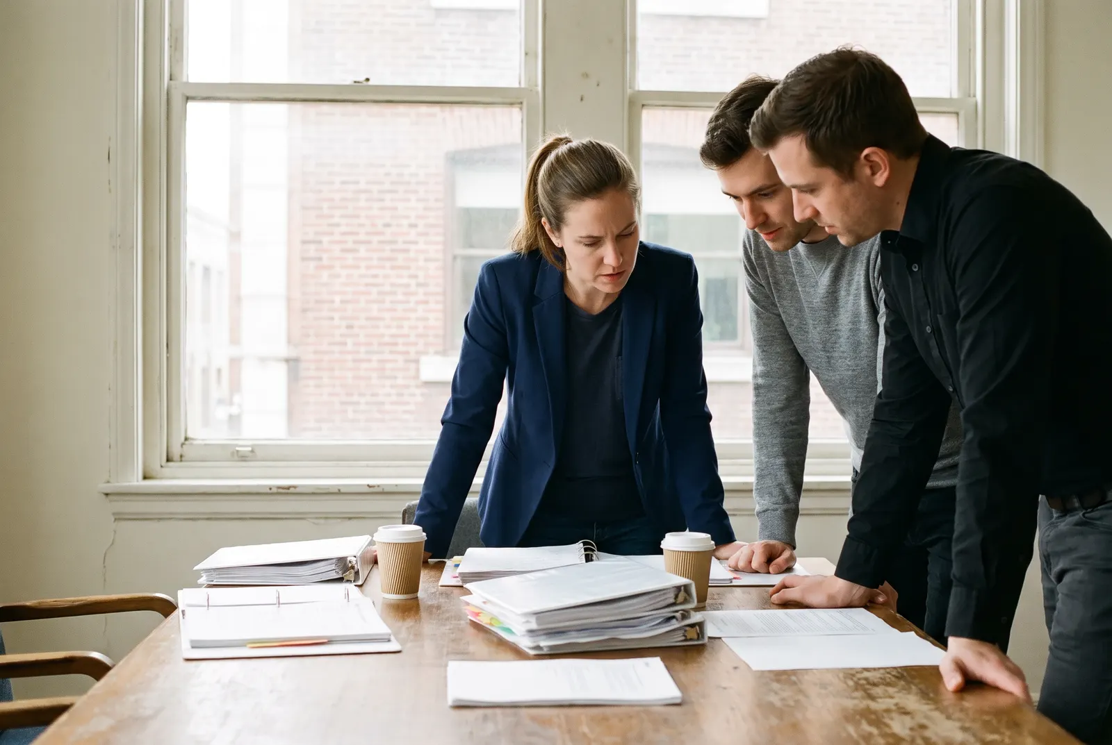 Woman in a blazer reviewing printed month-end pages with two colleagues, weighing a controller salary