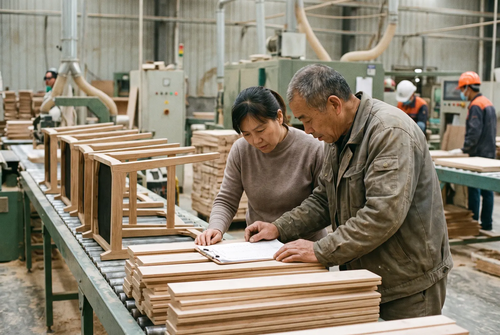 Cost accountant and a production supervisor reviewing printed cost sheets beside a factory line