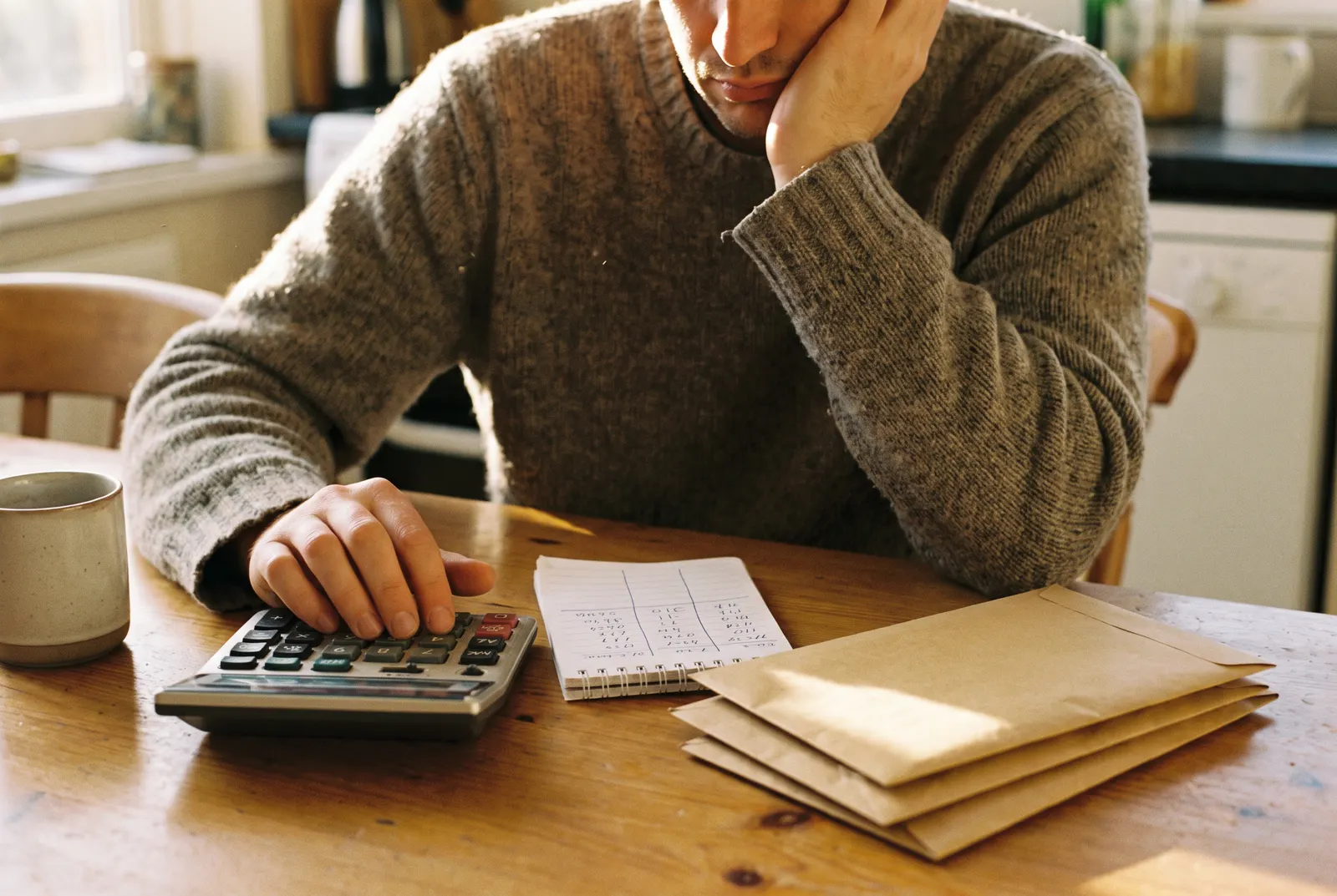Man in a sweater adding up costs on a calculator at a kitchen table beside a notebook and envelopes, pricing the CPA exam