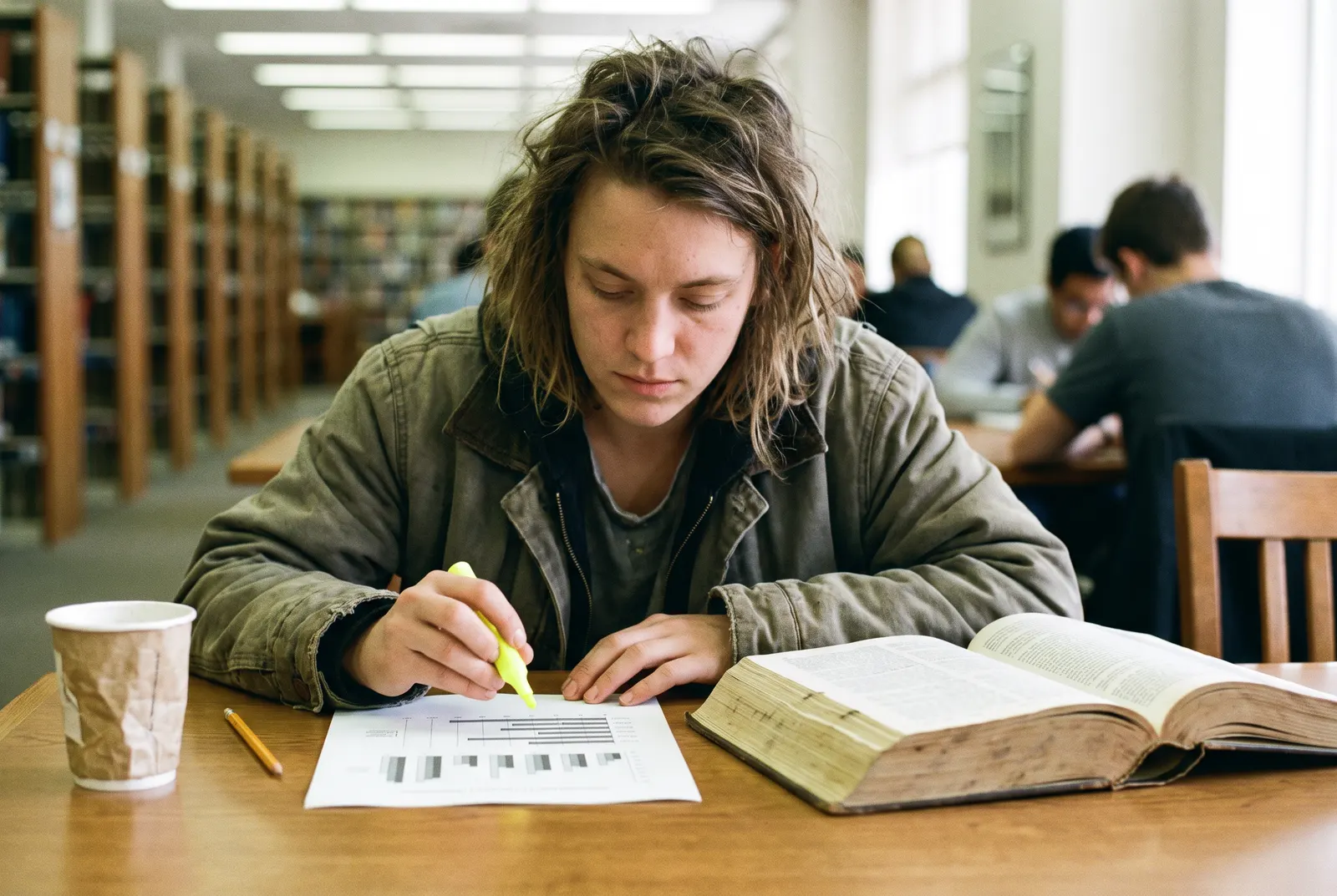 Student highlighting a printed bar chart at a library table beside a thick review book, studying CPA exam pass rates