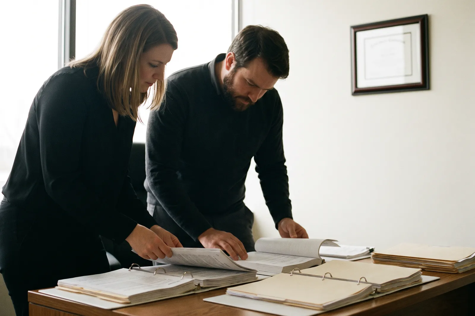 Two professionals going through thick binders of records at a desk, weighing a CPA salary