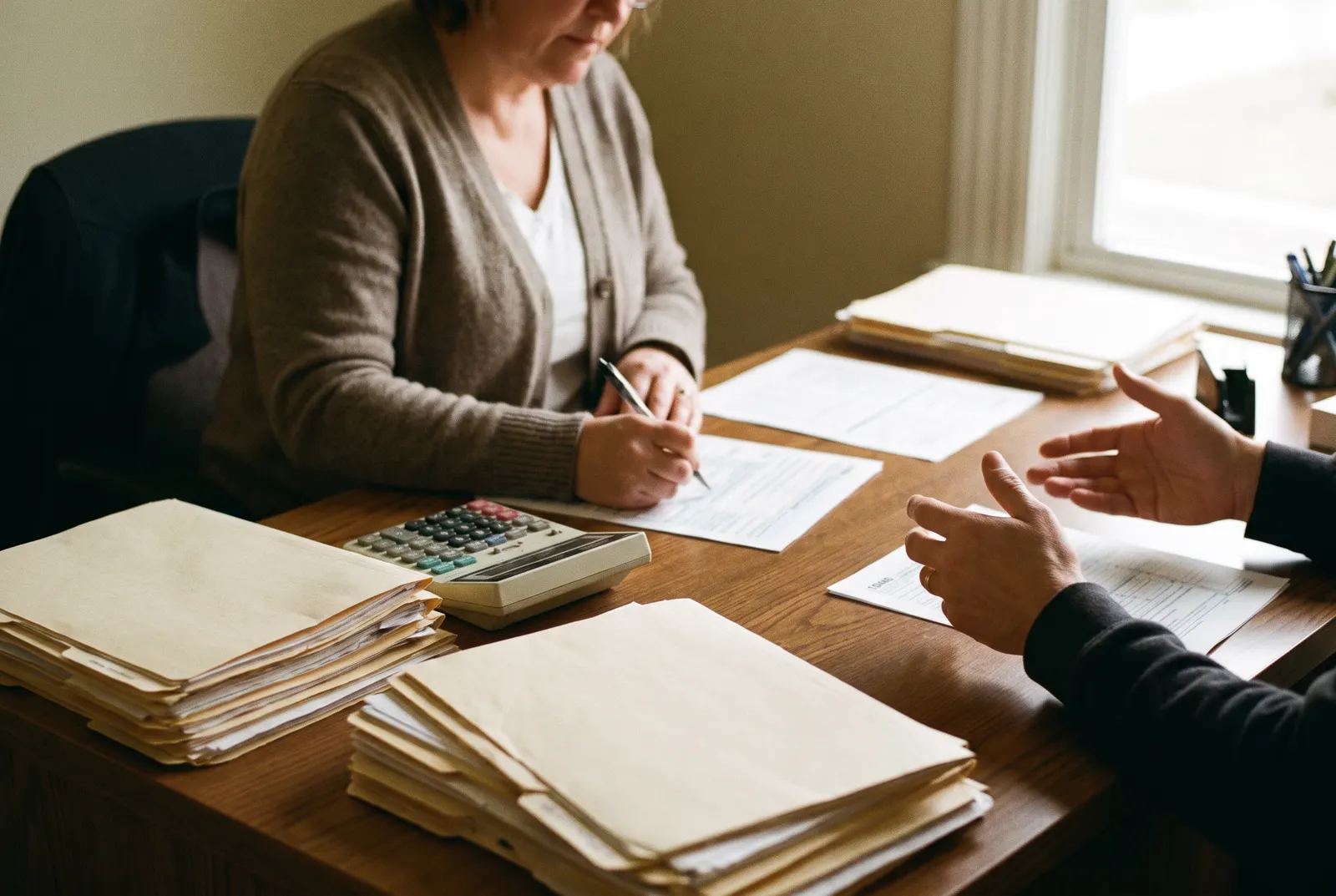Tax preparer reviewing a paper form with a client, a path many enrolled agent candidates follow