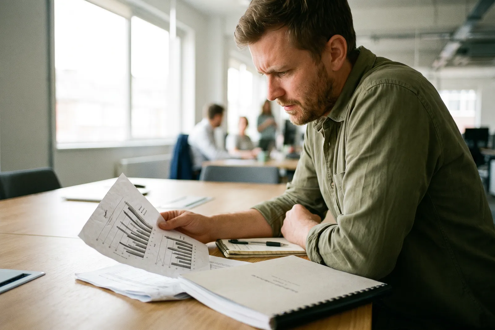 Man studying printed bar charts and a bound report at a meeting table, weighing a financial analyst salary