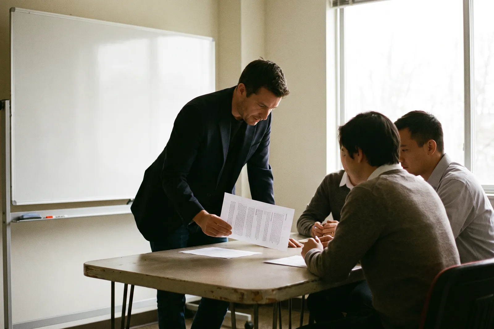 Manager in a blazer reviewing a printed budget with two team members, discussing a financial manager salary