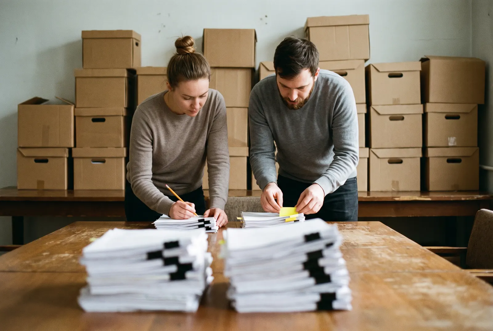 Two colleagues flagging pages in stacks of paper records, the paper-trail work behind a forensic accountant salary