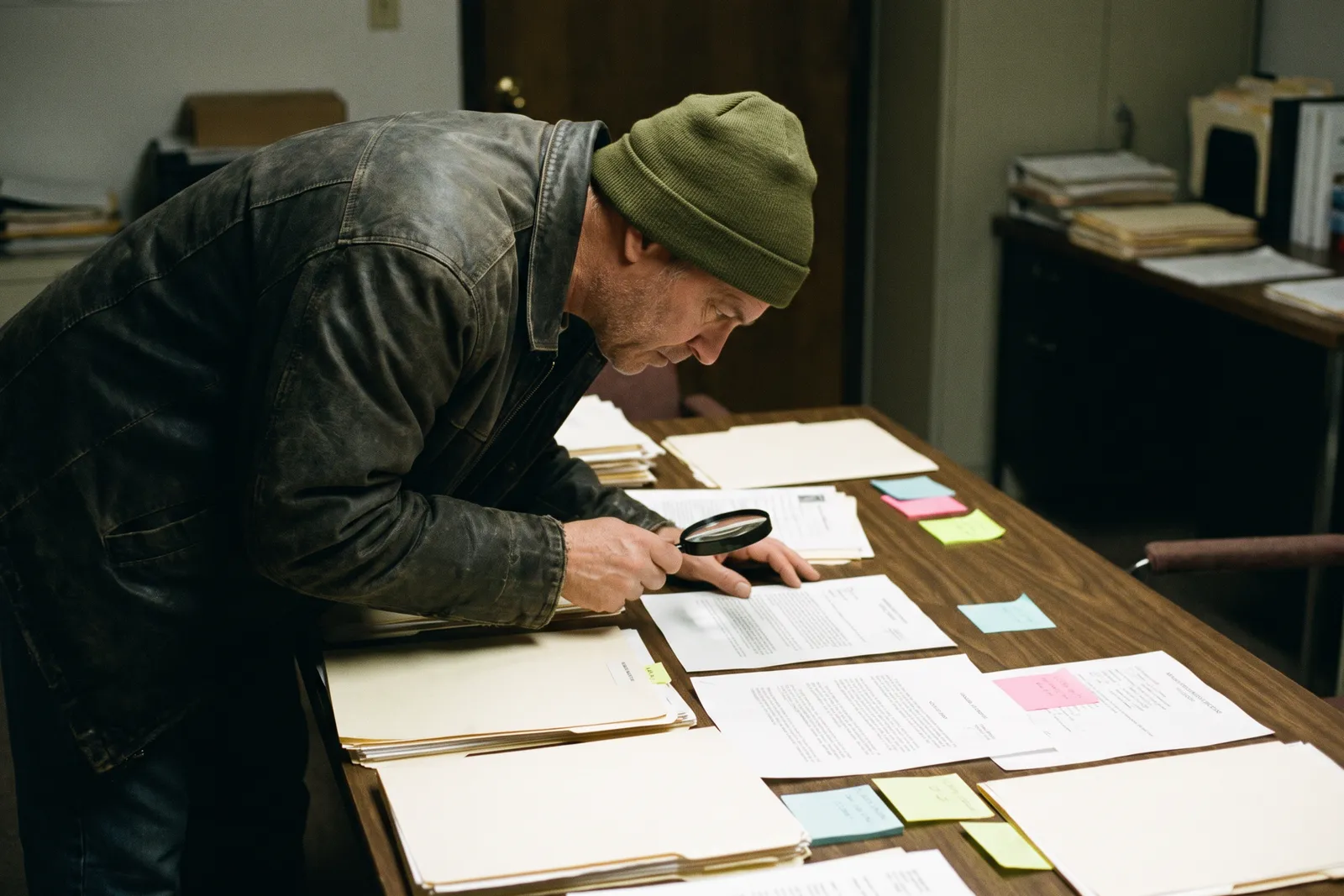 Investigator with a magnifying glass comparing tabbed paper records, work typical of a forensic accountant