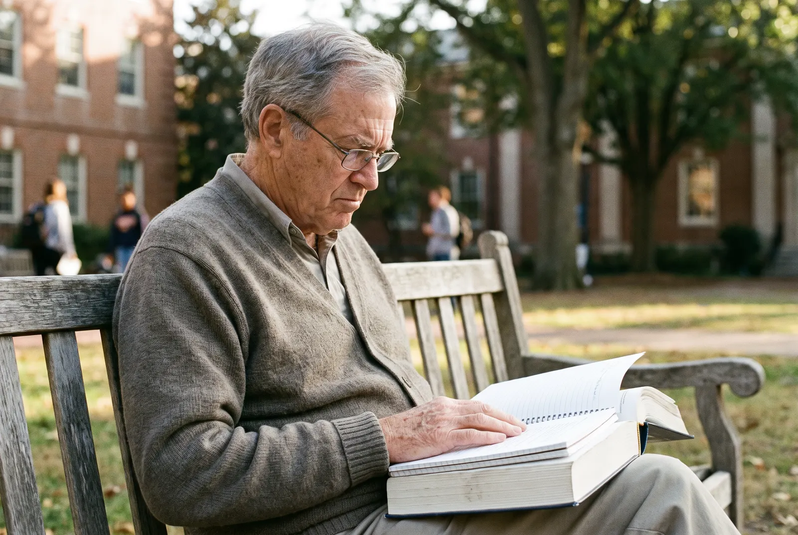 Older student on a campus bench reading a textbook and notebook, an accounting degree guide for career changers