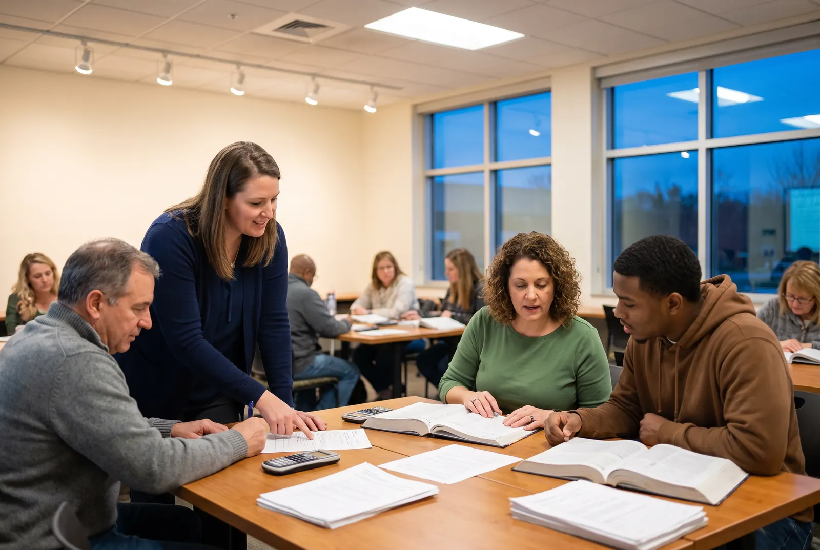 Instructor helping adult students with calculators and textbooks at shared tables in a bright classroom, studying accounting
