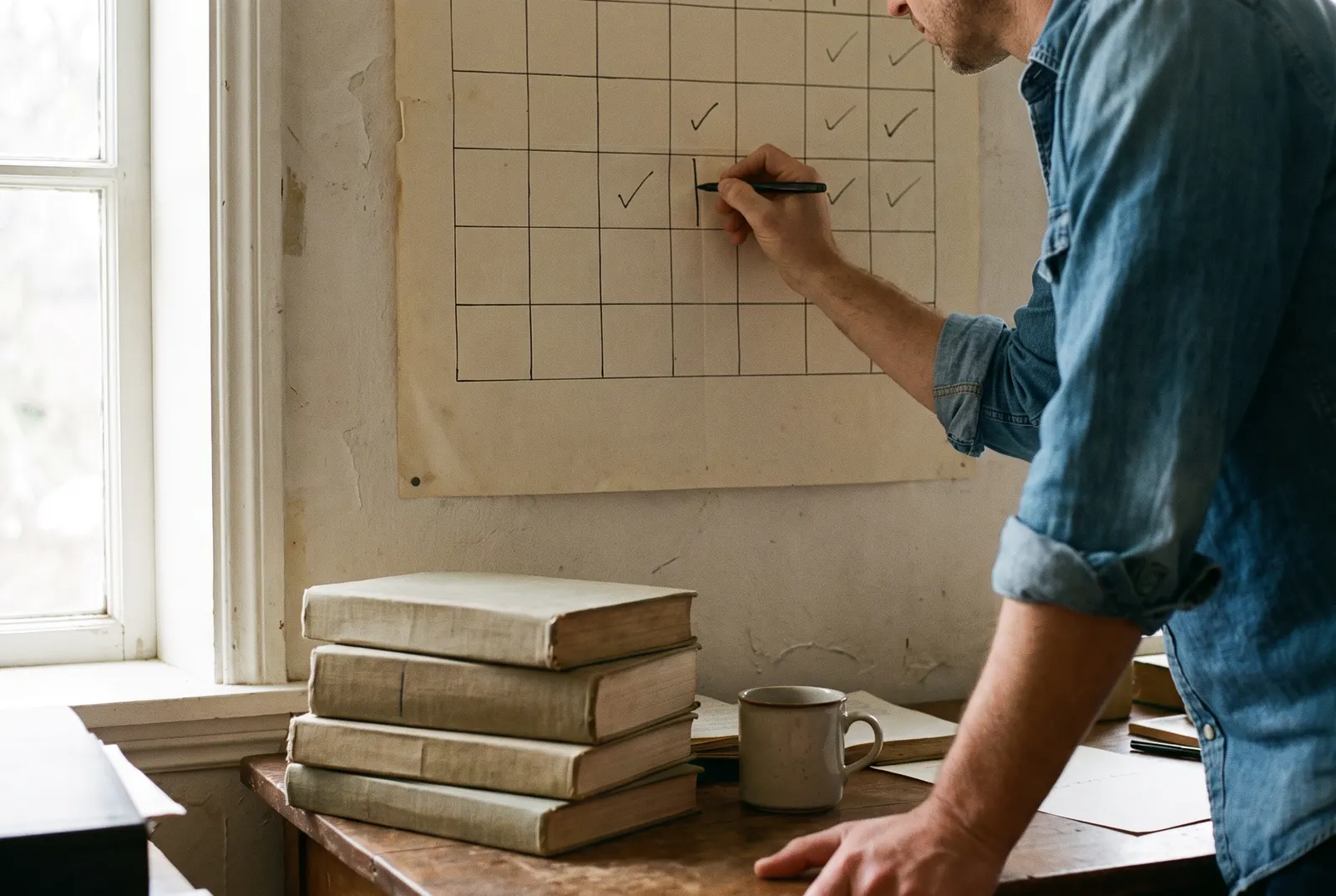 Man checking off boxes on a paper grid pinned above a desk of books, mapping out how long it takes to become a CPA