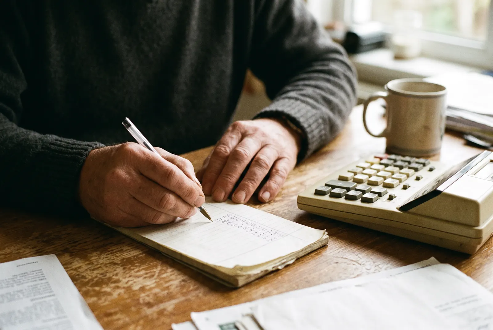 Hands writing a column of figures beside a calculator, weighing whether an accounting degree is worth it