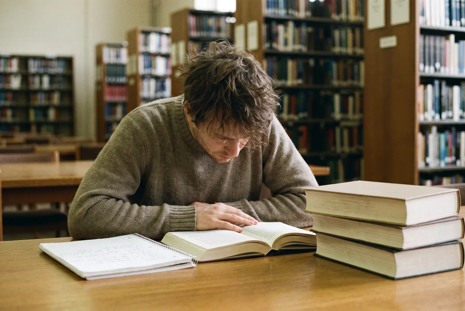 Graduate student reading at a library table beside stacked textbooks, weighing a master's in accounting vs MBA