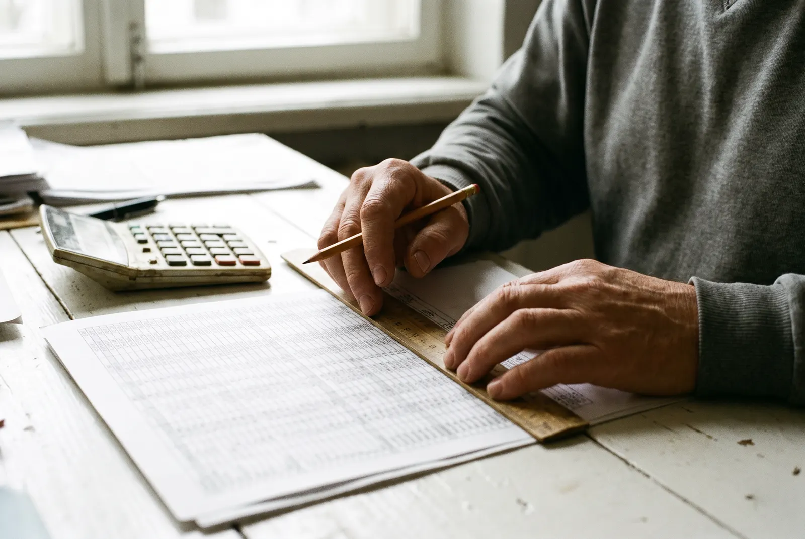 Hands holding a pencil and ruler over a printed table of figures beside a calculator, showing how rankings are scored