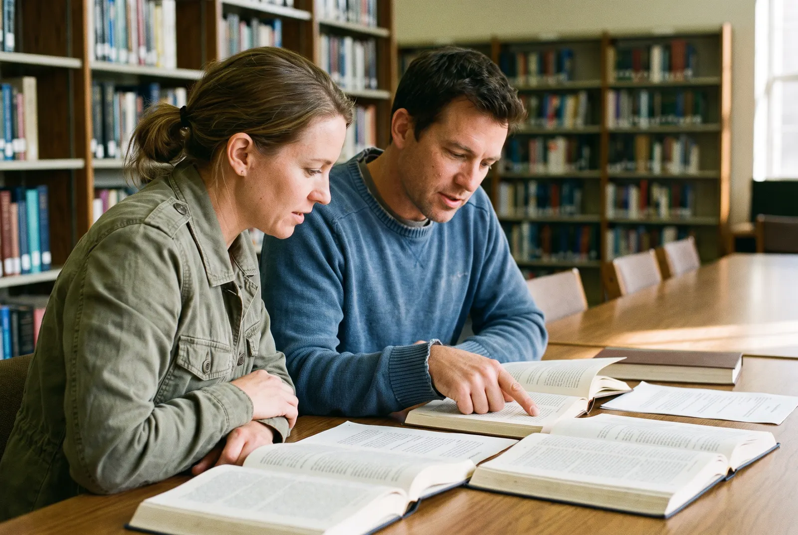 Two adult students reading open textbooks together at a library table while choosing accounting degree programs