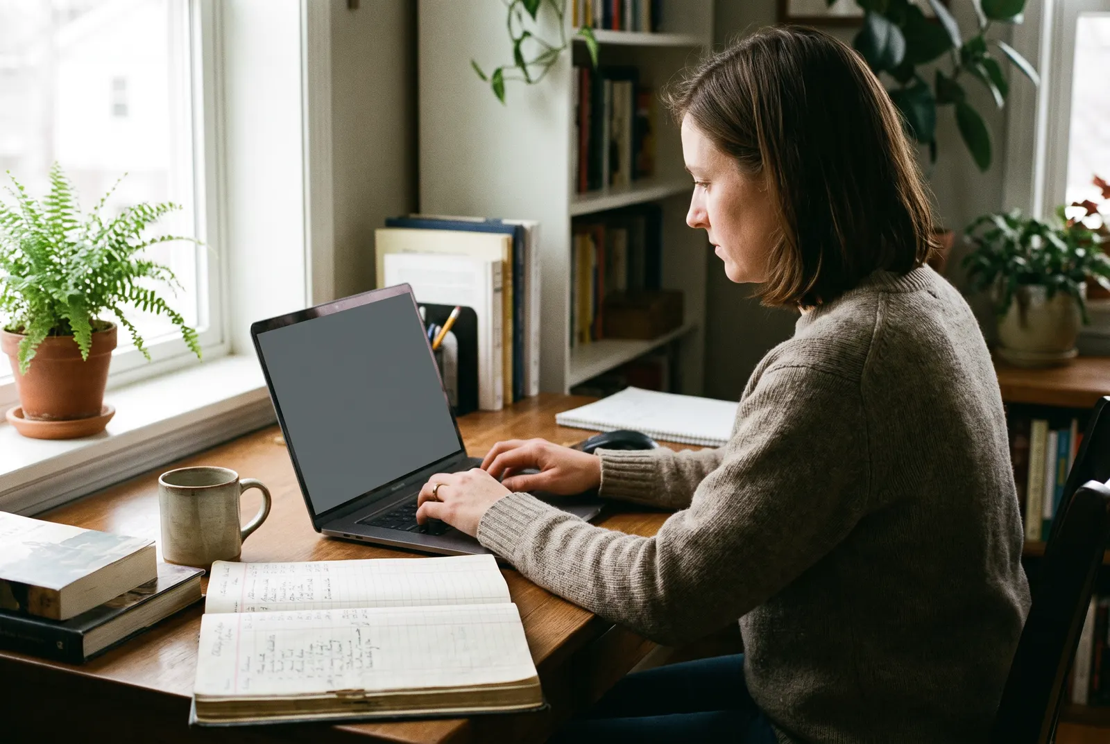 Woman typing on a laptop at a home desk beside a ledger, working a remote accounting job