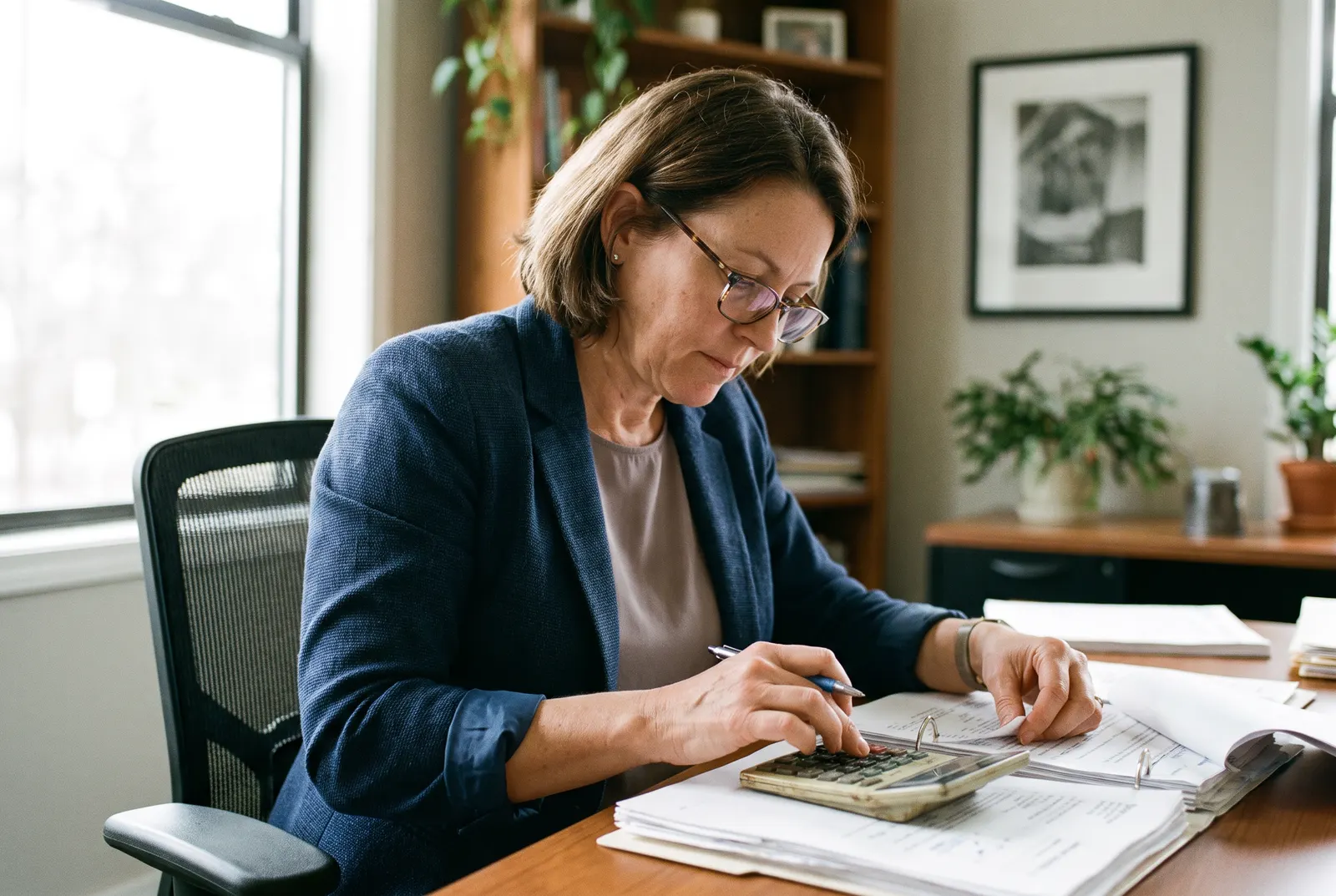 Woman in a blazer and glasses adding figures on a calculator over printed reports, checking accounting salaries