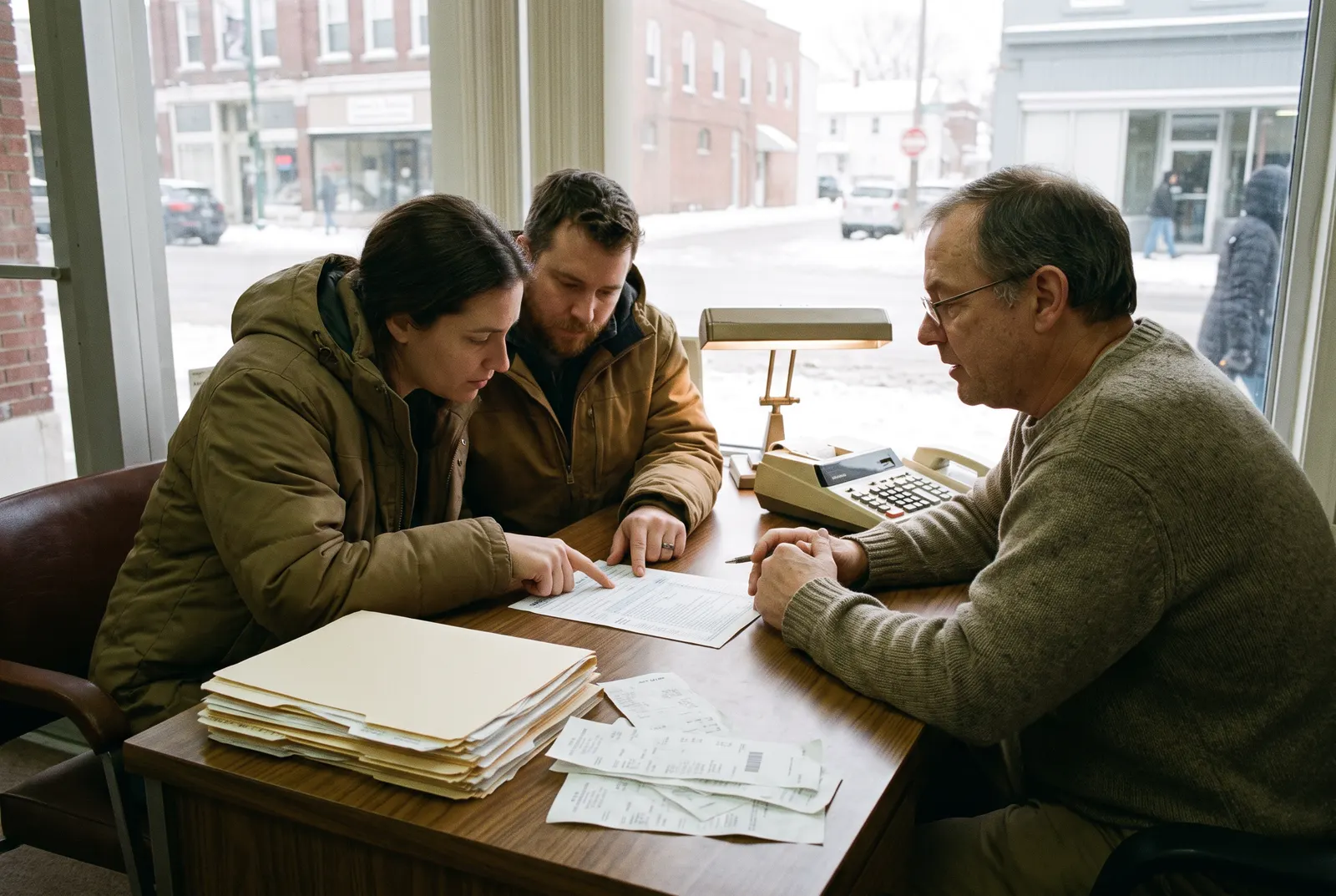 Tax preparer reviewing a paper form with a couple and a stack of receipts, the daily work of a tax preparer
